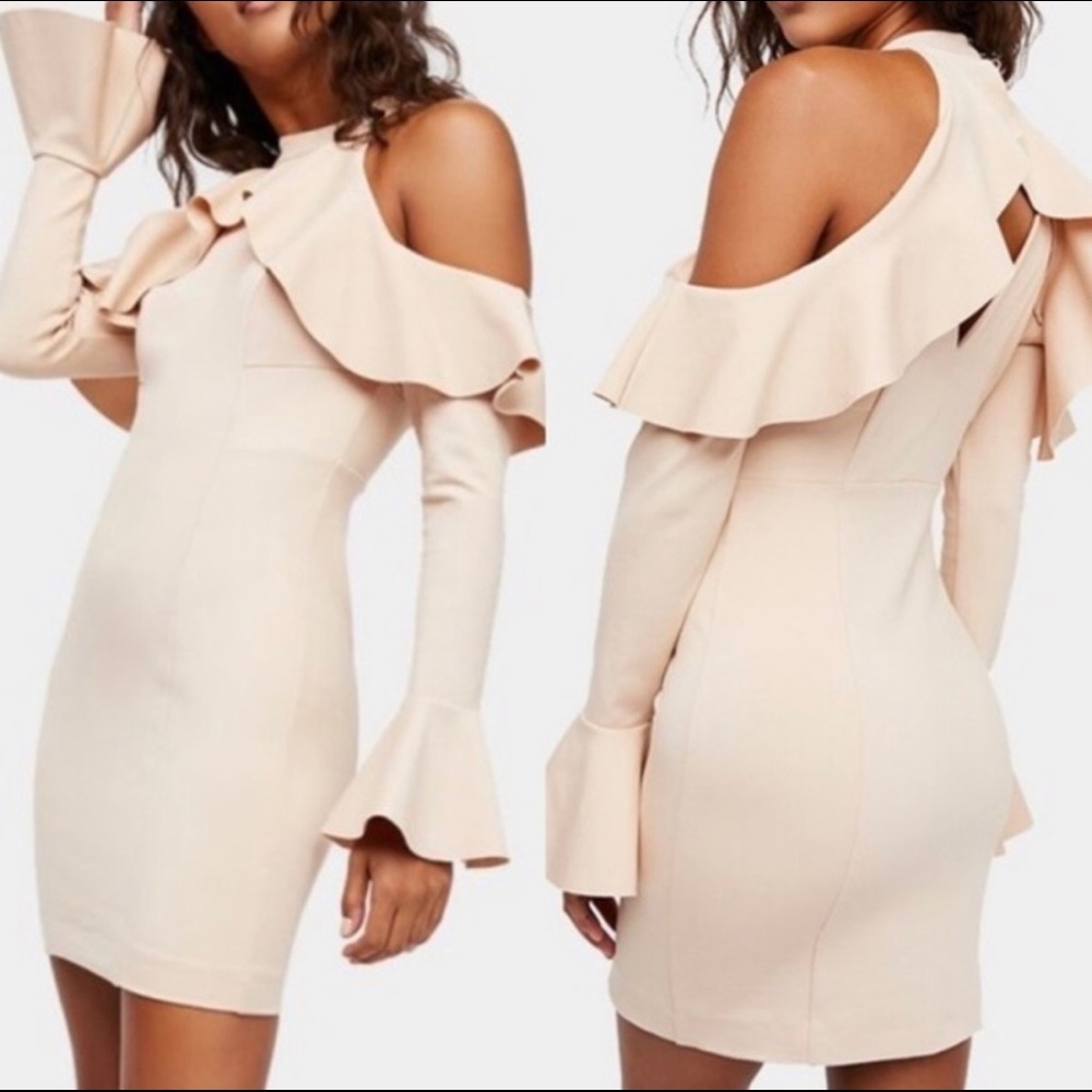 Free People Almond Sweet Talk Statement Ruffle Cocktail Holiday Party Mini Dress